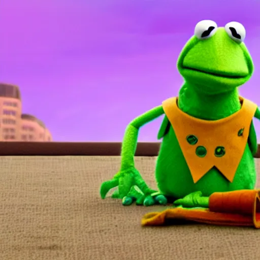 Image similar to A still of Kermit the frog from the movie Toy Story 4 (2019), digital art