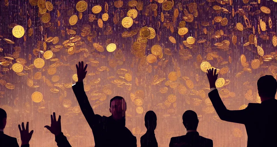 Image similar to Dramatic photo of a CEO waving goodbye to a group of silhouettes of his coworkers in a futuristic office. Golden coins are levitating all around them. 8k, high detail, trending on Artstation, volumetric lighting, cyberpunk