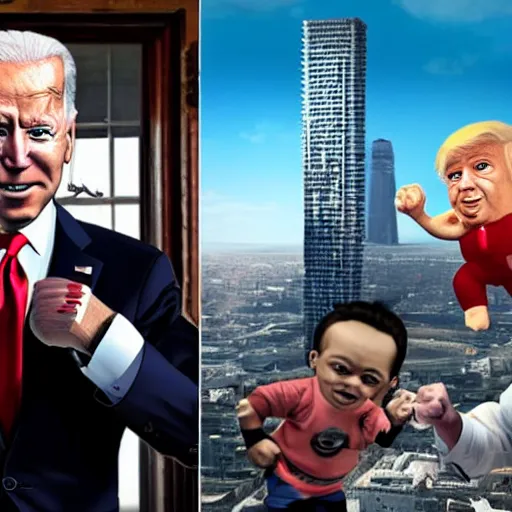 Prompt: joe biden in a bloody diaper, fist fighting a dwarf - sized pepe donald trump, helipad at the top of dystopian city skyscraper, ultra hyper mega realistic, render,
