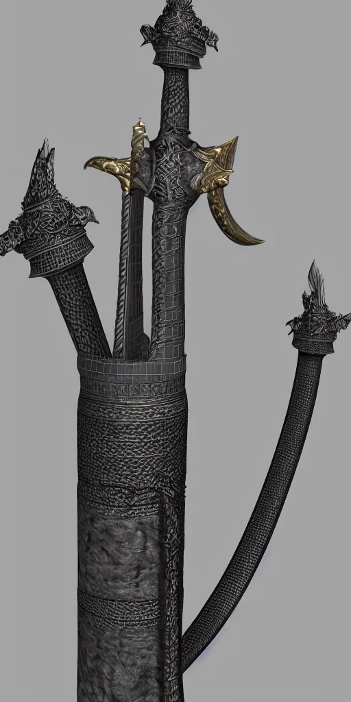 Image similar to a 3d model of a long sword, positioned vertically in the center, with dragon like handle