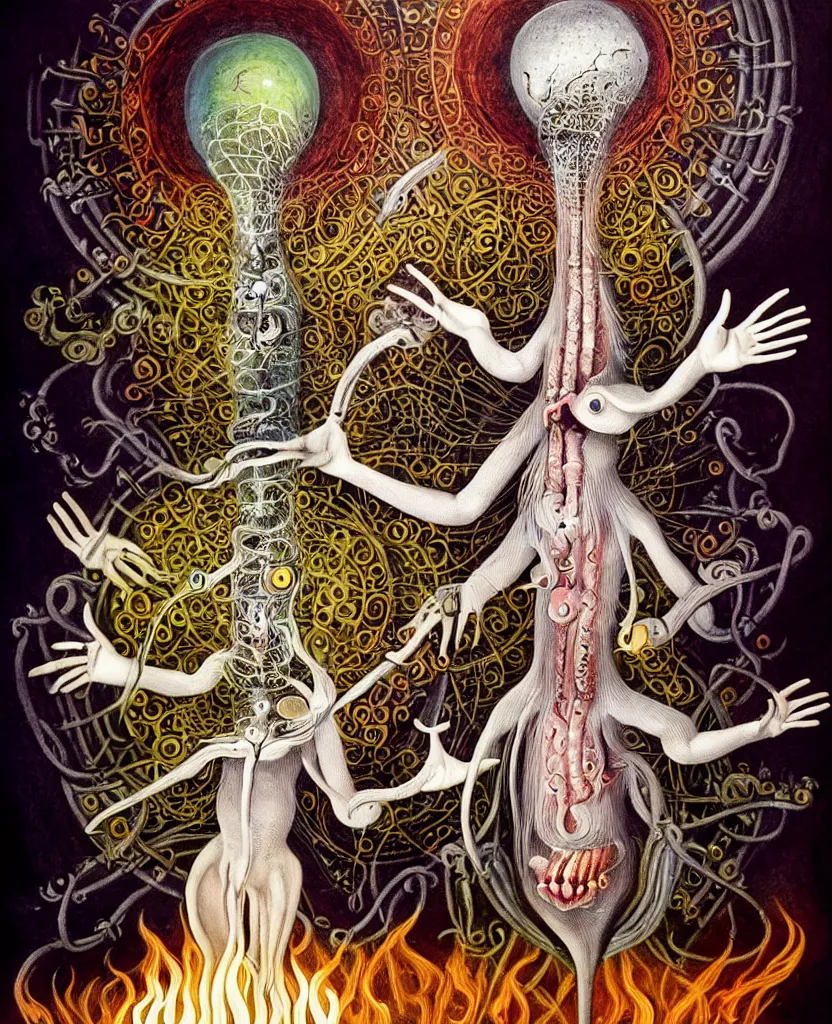 Image similar to whimsical freaky creature sings a unique canto about'as above so below'being ignited by the spirit of haeckel and robert fludd, breakthrough is iminent, glory be to the magic within, painted by ronny khalil