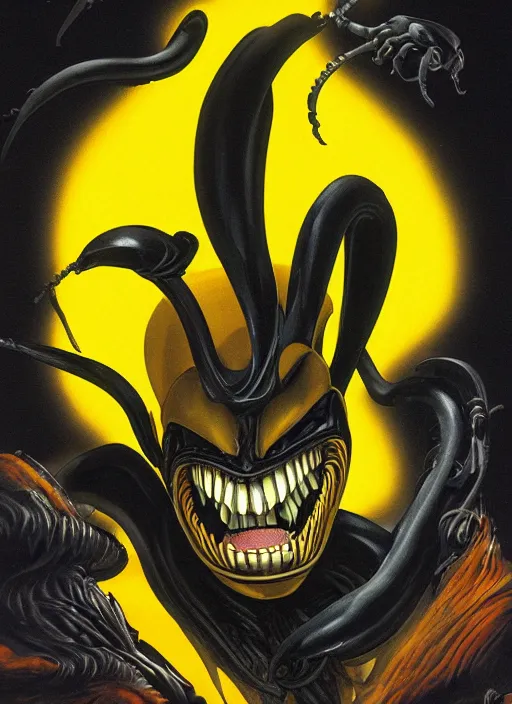 Prompt: a close up of a xenomorph face on a yellow background, an airbrush painting by osamu tezuka, behance, mingei, logo, concert poster, poster art