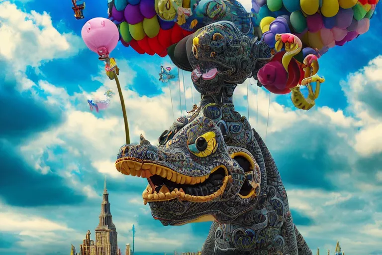 Prompt: elaborate, giant, massive, detailed, 3 d, pastel, blowup balloon dragon with eyes and mouth, twisting geometry, floating in a 3 d painted sky, cinematic, 3 d designed city, 4 k by'eva cremers'and'lesley barnes'and'jordan coelho'