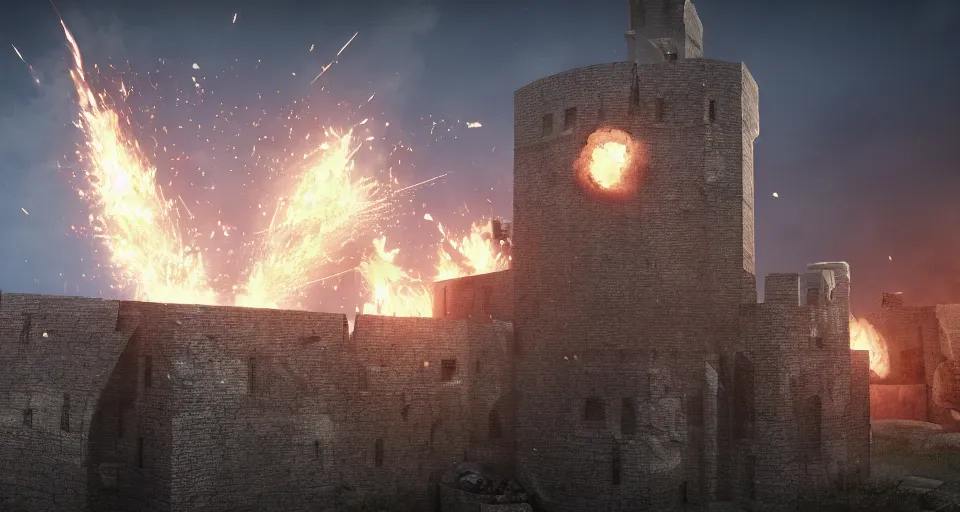 Image similar to tribuchets fireing on a medieval fortress, destroying the walls, fire and explosion, debris flying around, octane render, unreal engine