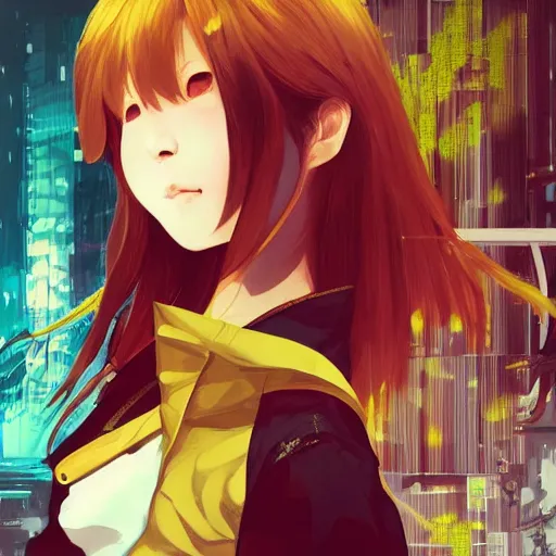 Image similar to Frequency indie album cover, luxury advertisement, yellow filter. Clean and detailed post-cyberpunk sci-fi close-up schoolgirl in asian city in style of cytus and deemo, blue flame, relaxing, calm and mysterious vibes, by Tsutomu Nihei, by Yoshitoshi ABe, by Ilya Kuvshinov, by Greg Tocchini, nier:automata, set in half-life 2, Matrix, GITS, Blade Runner, Neotokyo Source, Syndicate(2012), dynamic composition, beautiful with eerie vibes, very inspirational, very stylish, with gradients, surrealistic, dystopia, postapocalyptic vibes, depth of field, mist, rich cinematic atmosphere, perfect digital art, mystical journey in strange world, beautiful dramatic dark moody tones and studio lighting, shadows, bastion game, arthouse