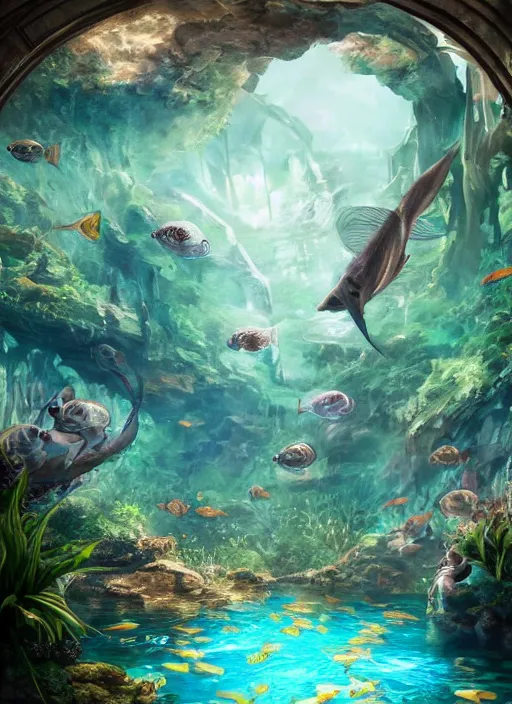 Image similar to people observing lots of beautiful fish in an underground aquarium corridor, in the style of turine tran, fantasy art, ray tracing, water droplets, highly detailed, artstation trend, highly detailed and intricate, sharp focus, photography, unreal engine 5