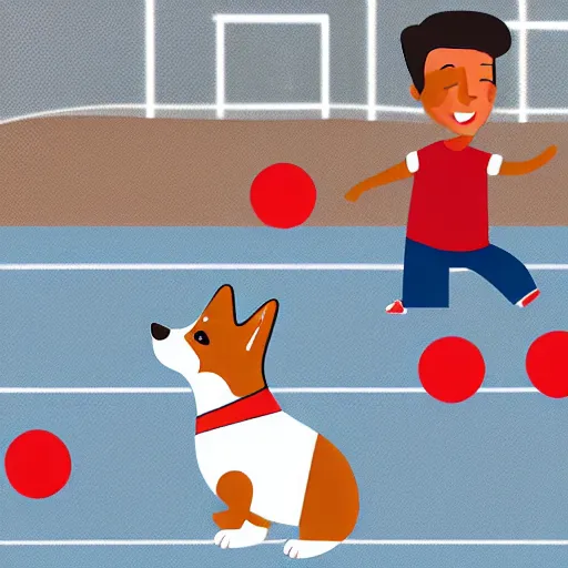 Image similar to illustration of boy playing football with a corgi wearing a polkadot scarf on the streets of paris