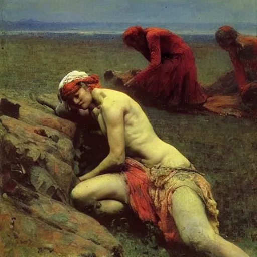 Image similar to the dream of the old tyrant, by ilya repin, oil on canvas, 1 8 8 3