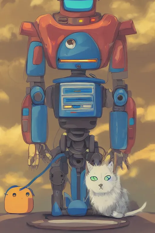 Prompt: amazing digital artwork of a robot protecting a cat, studio ghibli, colorful, anime style, azure tones, color bleed, grain, high resolution, artstation