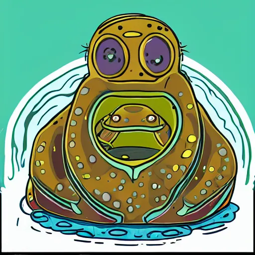 Prompt: pop - wonder - nft alien - meat half - tone - art of a tardigrade - walrus wading through the goopy - muck and slithering about the castle side delights on a melted cheesy day in a hand - drawn vector, svg, cult - classic - comic - style