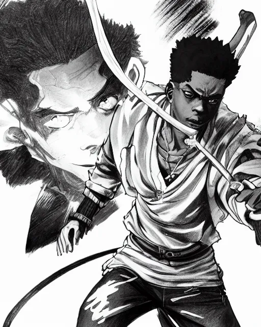 Image similar to a very detailed pencil drawing of kodak black in demon slayer manga panel, action lines, greg rutkowski, in field high resolution, dynamic pose, landscape, medium portrait, action, hyper realistic, manga, koyoharu gotouge, sakuga