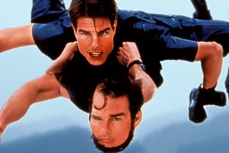 Prompt: Tom Cruise suspended from the ceiling in Mission Impossible