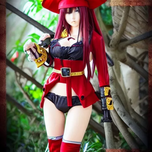 Image similar to Houshou Marine. Hololive character. Anime girl, 宝鐘マリン. Red pirate outfit and black pirate tricorn. brickred outfit colorscheme. Her name is Houshou Marine. Anime cute face. Yun Jin.