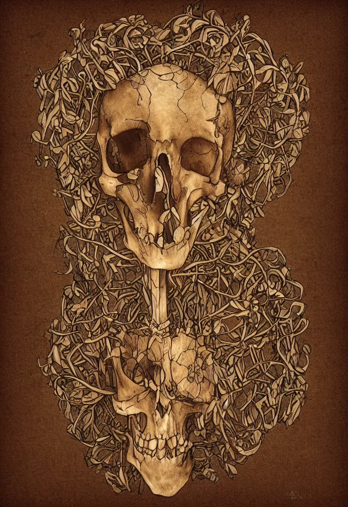 Image similar to a eeire flower skeleton, artistic, brown background, digital art.