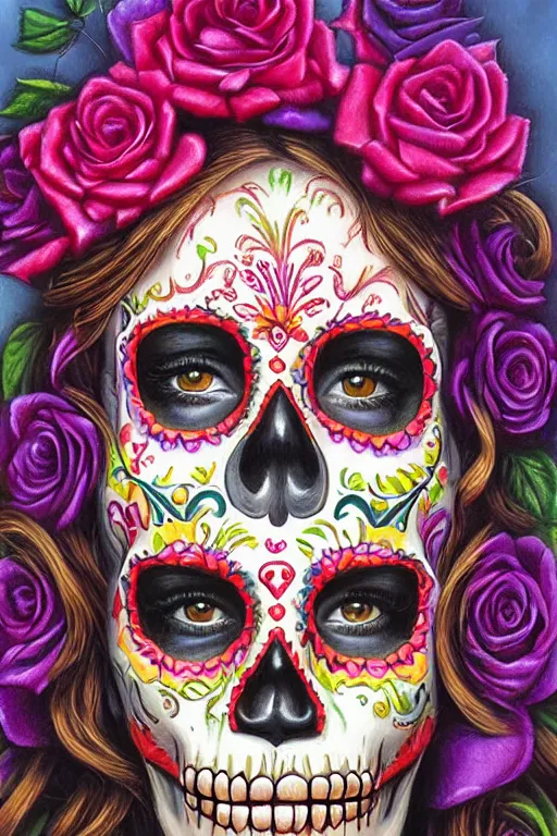 Prompt: Illustration of a sugar skull day of the dead girl, art by Mark Keathley