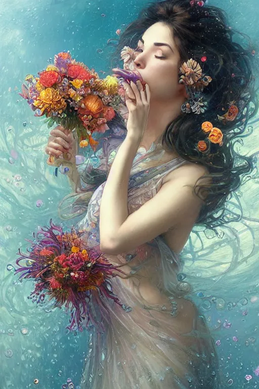 Image similar to portrait of a beautiful mysterious woman holding a bouquet of flowing flowers, hair flowing upwards, small bubbles from her mouth, hands hidden under the bouquet, submerged underwater filled with colorful small fish and coral reef, fantasy, regal, intricate, by stanley artgerm lau, greg rutkowski, thomas kindkade, alphonse mucha, loish, norman rockwell