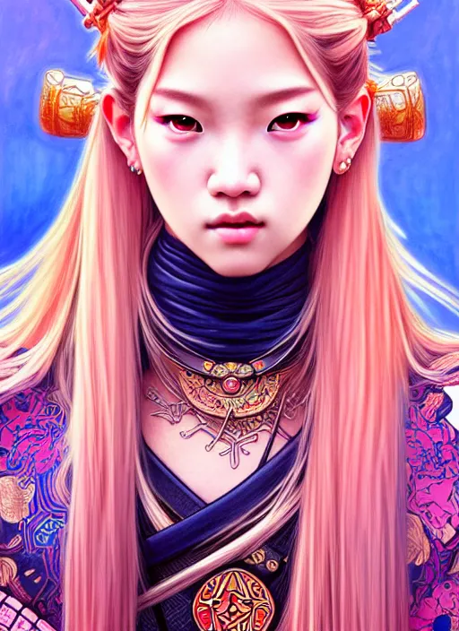 Image similar to jossi of blackpink, samurai, tarot card, highly detailed, digital painting, smooth, sharp focus, illustration, ultra realistic, 8 k, art by artgerm and alphonse mucha