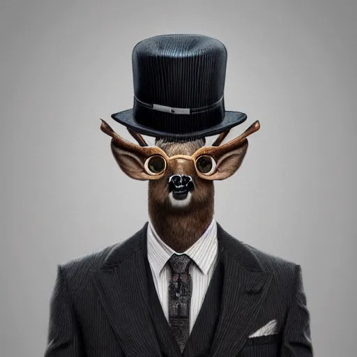 Prompt: a upper body portrait of a deer lord in a pinstriped suit and pants wearing a monocle and a fedora by artgerm and wlop, intricate detail, digital art, photorealistic, trending on artstation