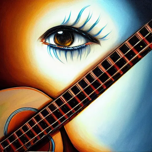 Image similar to eyes, guitar, extremely Highly detailed, Occult, funny, humorous, humor, hilarious, funny, entertaining, magical, trending on artstationHQ, closeup, D&D, intricate, elegant, highly detailed, digital painting, artstation, concept art, matte, sharp focus, illustration, surrealism