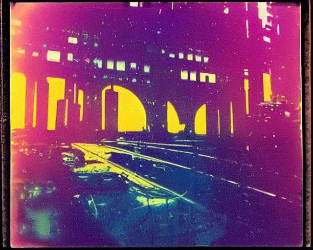 Image similar to sci - fi city, violet and yellow sunset, polaroid photo, whimsical and psychedelic, 1 9 6 0 s, grainy, expired film, glitched