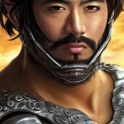 Prompt: anime of latino man with facial hair, small mustache, brown eyes, full body, reptile armor by akira toriyama hyper realistic, dark fantasy detailed, high definition insanely detailed, bitter wide angle lens dark lighting, moody lighting