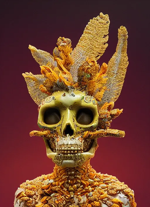 Prompt: a sponge sculpture of a goddess, 8 k micro details beautiful intricate highly detailed quetzalcoatl skull and feathers. fire, galaxy, artwork by tooth wu and wlop and beeple and greg rutkowski, trending on artstation,