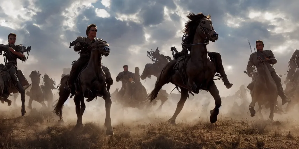 Prompt: a promotional movie still from terminator ( t 2 ) depicting the battle of the little bighorn. majestic horses, action scene, an epic fantasy, dramatic lighting, cinematic, extremely high detail, photorealistic, cinematic lighting, artgem, trending on artstation, cgsociety, rendered in unreal engine, 4 k, hq, digital art