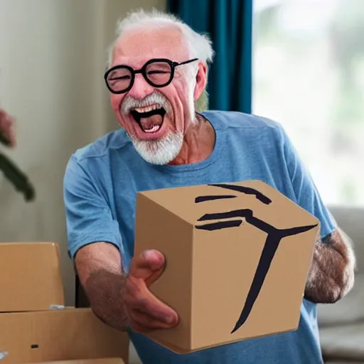 Image similar to an excited old man opening an amazon package full of diamonds