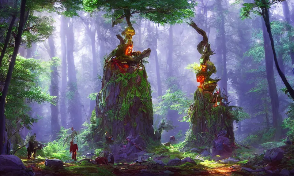 Prompt: spiritual forest monument, digital art, concept art, magic fantasy, scenic, vibrant colors, high contrast, highly detailed, trending on artstation, 8k, andreas rocha, sylvain sarrailh, darek zabrocki, bastien grivet, finnian macmanus, dylan cole, liang mark, albert bierstadt, sung choi, peter mohrbacher, greg rutkowski, thomas kinkade, dan mumford, studio ghibli