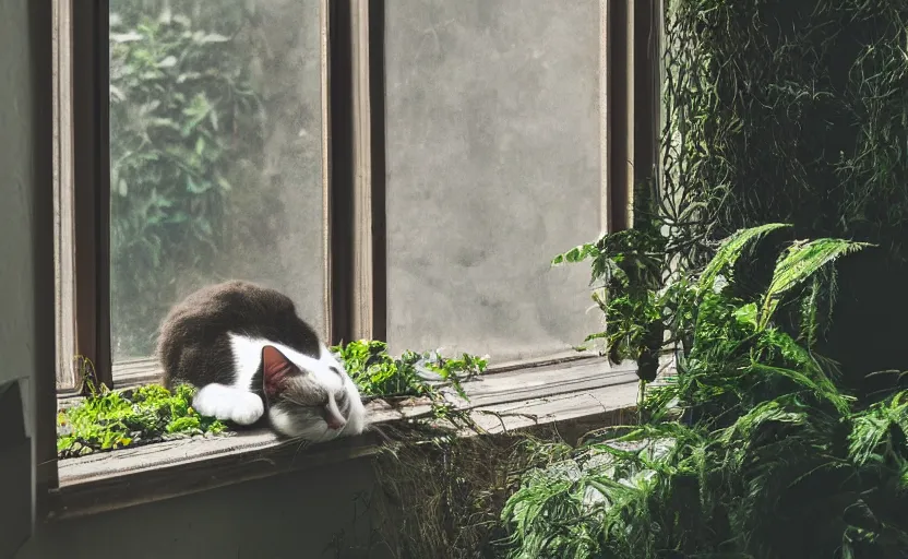 Prompt: photorealistic imagery of sleeping cat on window, inside house in village, plants