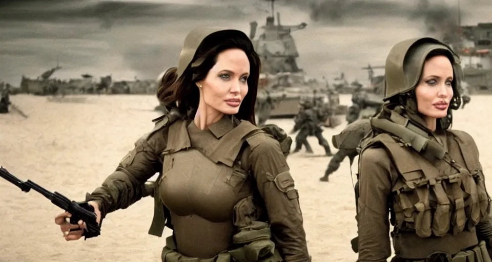 Image similar to cinematic shot of angelina jolie in a beautiful female body armor during d - day, movie still