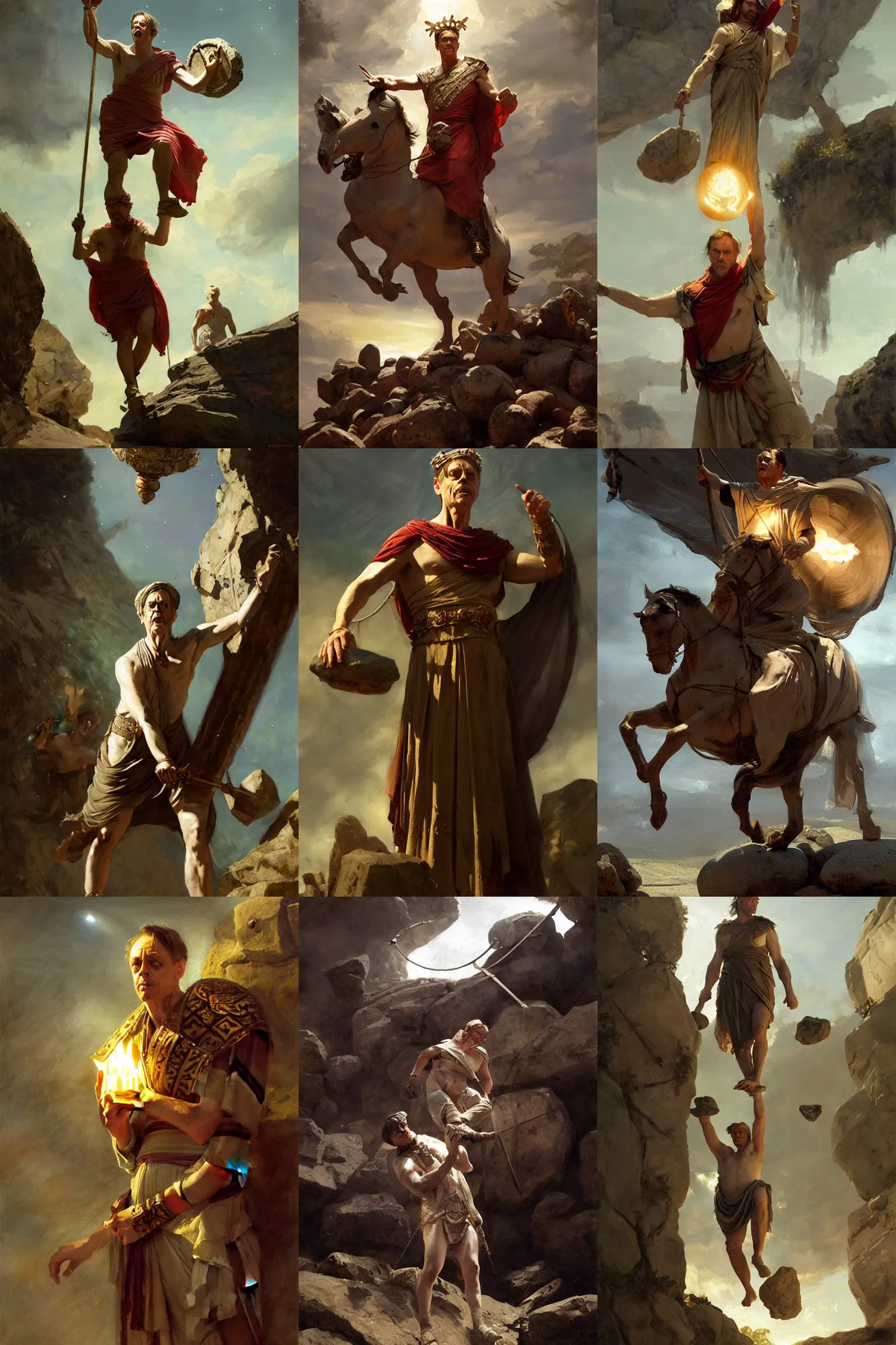 Image similar to ancient roman steve buscemi wearing the civic crown while he floats and hovers above the ground glowing with power small rocks and pebbles begin lifting off the ground around him, art by anders zorn, wonderful masterpiece by greg rutkowski, beautiful cinematic light, american romanticism by greg manchess, jessica rossier