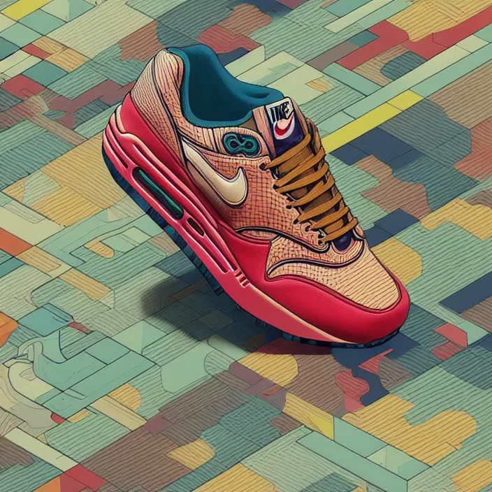 Image similar to excellent painted isometric view of 'nike air max 1', high quality masterpiece painted, patterned background, 4k, trending on artstation, octane render, art by James Jean and artgerm and greg rutkowski and alphonse mucha and craig mullins and James Jean and Andrei Riabovitchev and Marc Simonetti and peter mohrbacher