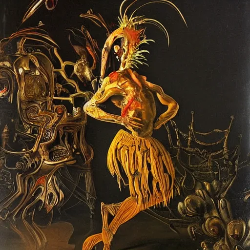 Image similar to a highly detailed painting of an elegant male dancer with flamingo legs by salvador dali and vadim stein, in a domed destroyed ballroom splattered with rot and decay by albrecht durer, dramatic lighting, insanely detailed