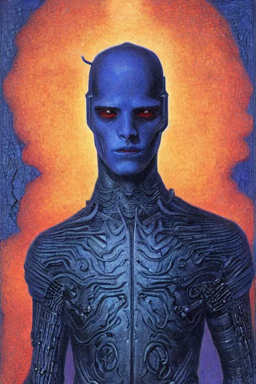 Prompt: portrait of beautiful gothic young man, warhammer, cyber armor, a lot of scars, thunderstorm and fire, blue head, the middle ages, highly detailed, artstation, illustration, art by jean delville, 8 k quality, art by jean delville, max ernst