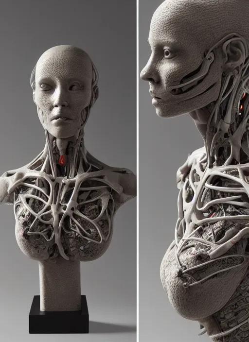 Image similar to a bust sculpture of anatomical female detailed cyborg, become human, ceramic base, orthographic, studio lighting