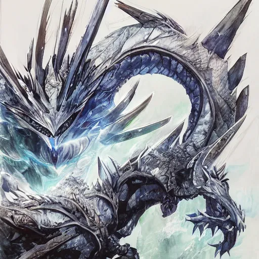 Image similar to Ice castle floating high above the ground being circled by a magnificent white scaled ice dragon, drawn by Yoji Shinkawa, water color, Dungeons and Dragons, Wizards of the Coast