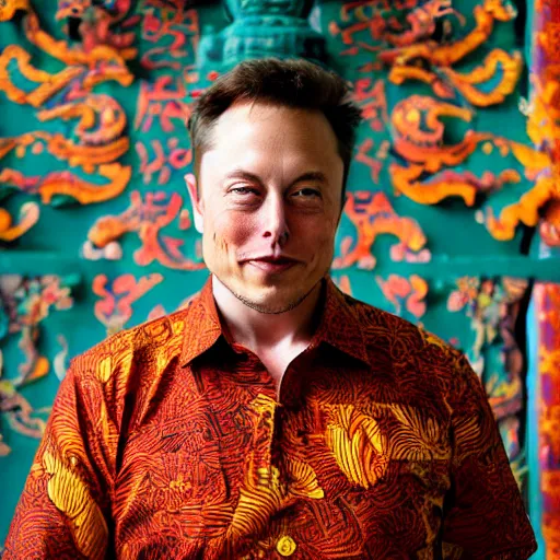 Image similar to A Photo Portrait of elon musk Wearing Indonesian Batik at a Balinese temple, award winning photography, sigma 85mm Lens F/1.4, blurred background, perfect faces