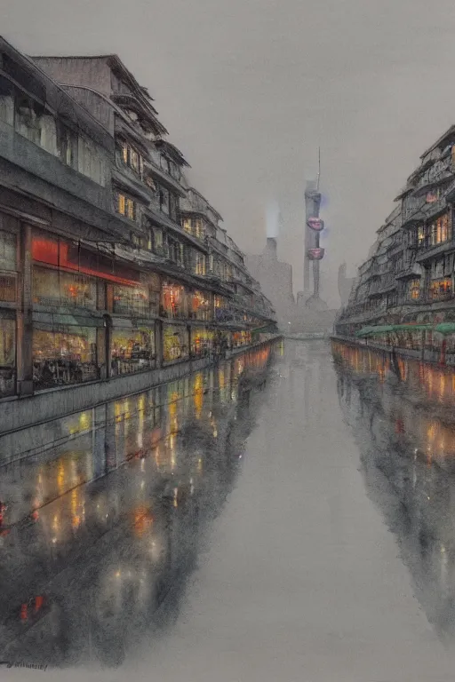 Prompt: A watercolor depicting an empty Shanghai Xujiahui, gloomy weather, high contrast, smooth, by Joseph Zbikowicz, 8k