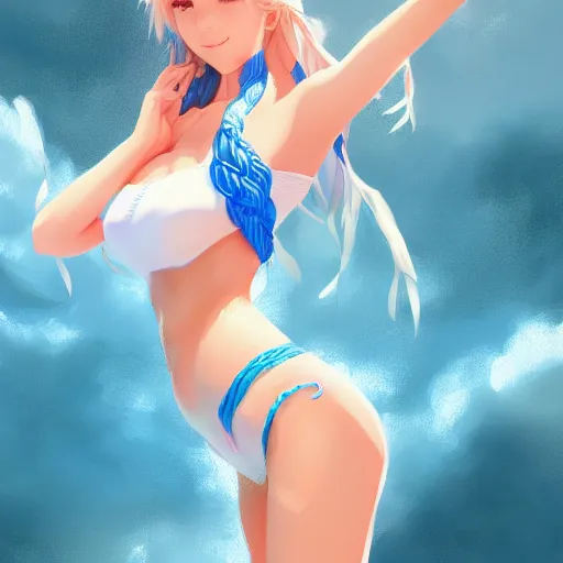 Prompt: illustration of a cute girl, wearing a white bikini, azure blue braided hair, by Stanley Artgerm Lau, WLOP, Rossdraws, James Jean, Andrei Riabovitchev, Marc Simonetti, and Sakimichan, trending on artstation