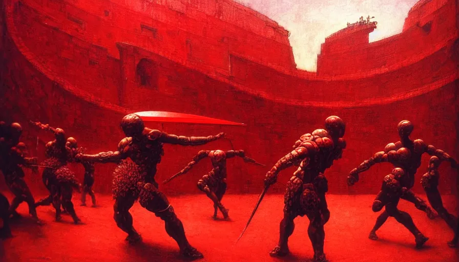 Image similar to only with red, a lightly armored gladiator in a crowded roman amphitheatre, crowd cheering, in the style of beksinski and edward hopper and rodcenko and yue minjun and artgerm, intricate and epic composition, red by caravaggio, highly detailed, masterpiece, red light, artstation, art nouveau