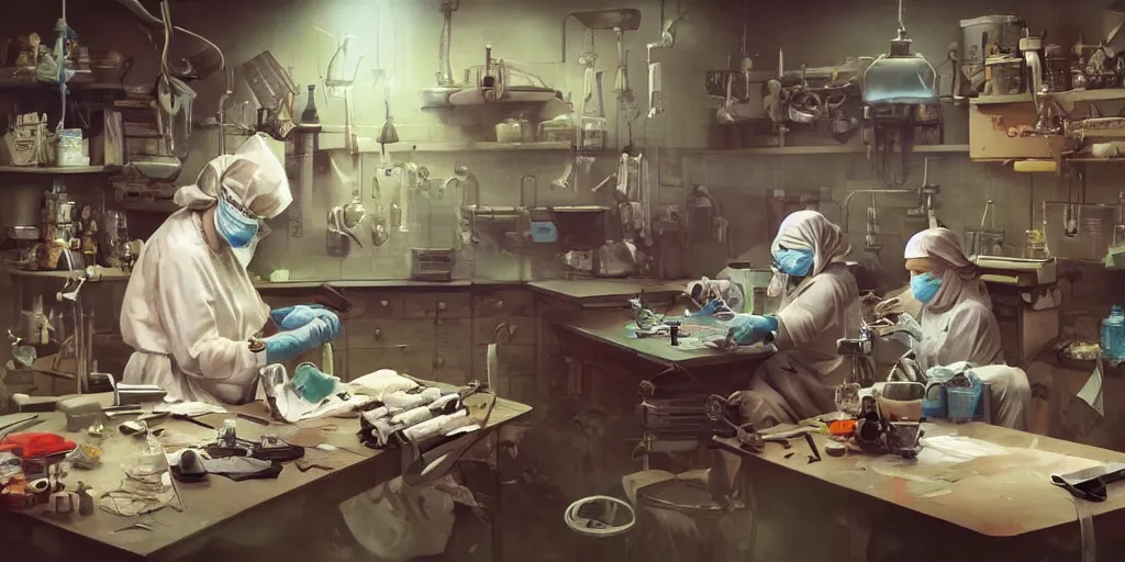 Image similar to an environmental concept art of a babushka surgeon in a cluttered mechanics workshop, surgical impliments, surgery table, highly detailed, cinematic, dramatic