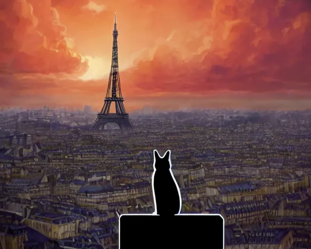 Prompt: a black cat sitting on the top of a building overlooking a French city, Eiffel Tower in the background. Atmospheric lighting, warm lighting, wide shot, sunset. By Makoto Shinkai, Stanley Artgerm Lau, WLOP, Rossdraws, James Jean, Andrei Riabovitchev, Marc Simonetti, krenz cushart, Sakimichan, trending on ArtStation, digital art.