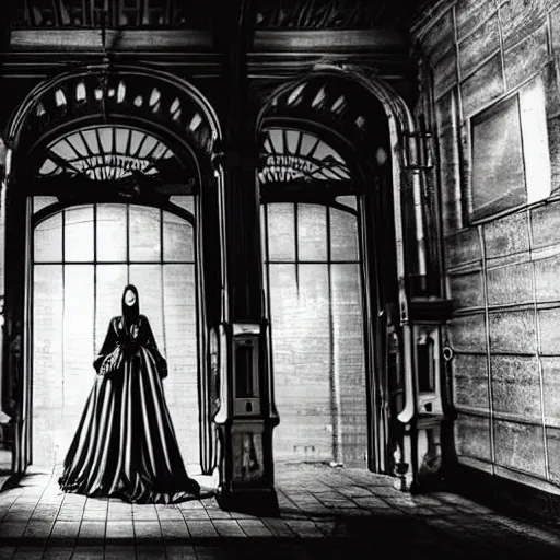 Prompt: creepy ghost woman in elaborate dress in haunted train station, grotesque architecture, atmospheric horror