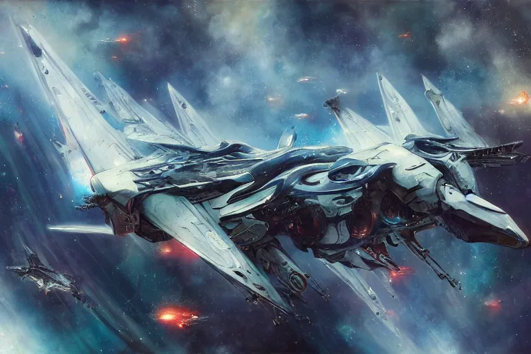 Image similar to nebula by raymond swanland, framing a pteranodon battlecruiser, with bold white kanji and number insignias, sleek, white john berkey panels, spines and towers, rows of windows lit internally, sensor array, blazing engines, robotech styling, boeing concept art, cinematic lighting by liam wong