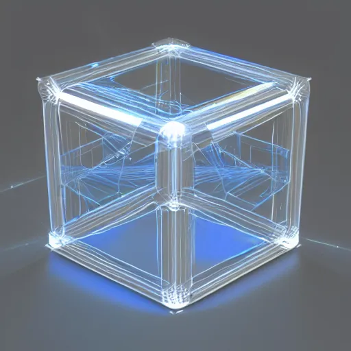 Prompt: A transparent cube with various lasers being shot through it at odd angles, Octane Render, 4k, Default environment, light transportation, refraction, ray tracing, RTX on, global illumination.