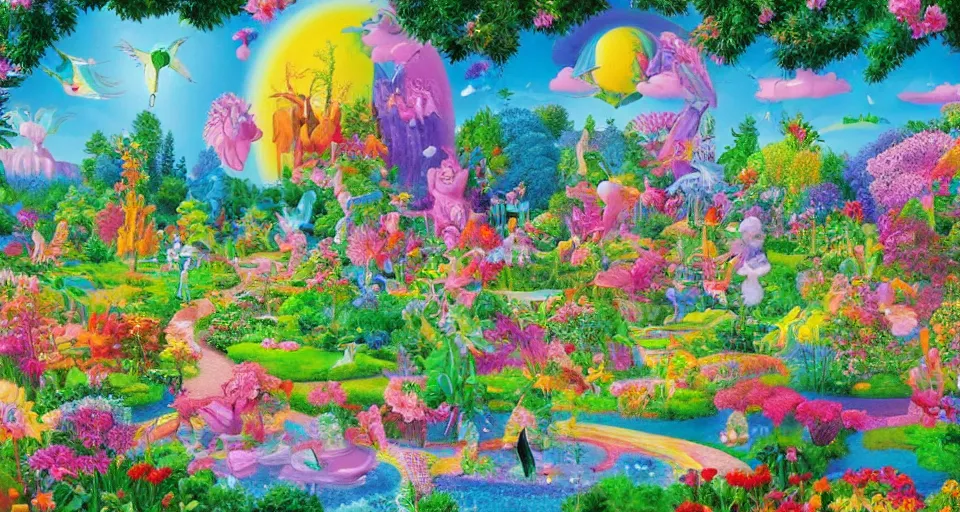Prompt: bosch and lisa frank and beeple painting of a magnificent garden