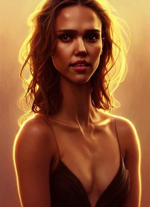 Image similar to half Jessica Alba half Nathalie Portman half scarlett johansonna pure seductive angel, full body portrait, slight smile, diffuse natural sun lights, autumn lights, highly detailed, digital painting, artstation, concept art, sharp focus, illustration, art by wlop and greg rutkowski and alphonse mucha and artgerm