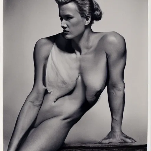 Prompt: January Jones in Irving Penn's Muscle Builder (1951)