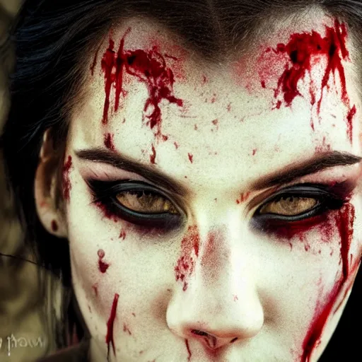 Prompt: portrait of a stunning female warrior with blood on her face, closeup, devianart